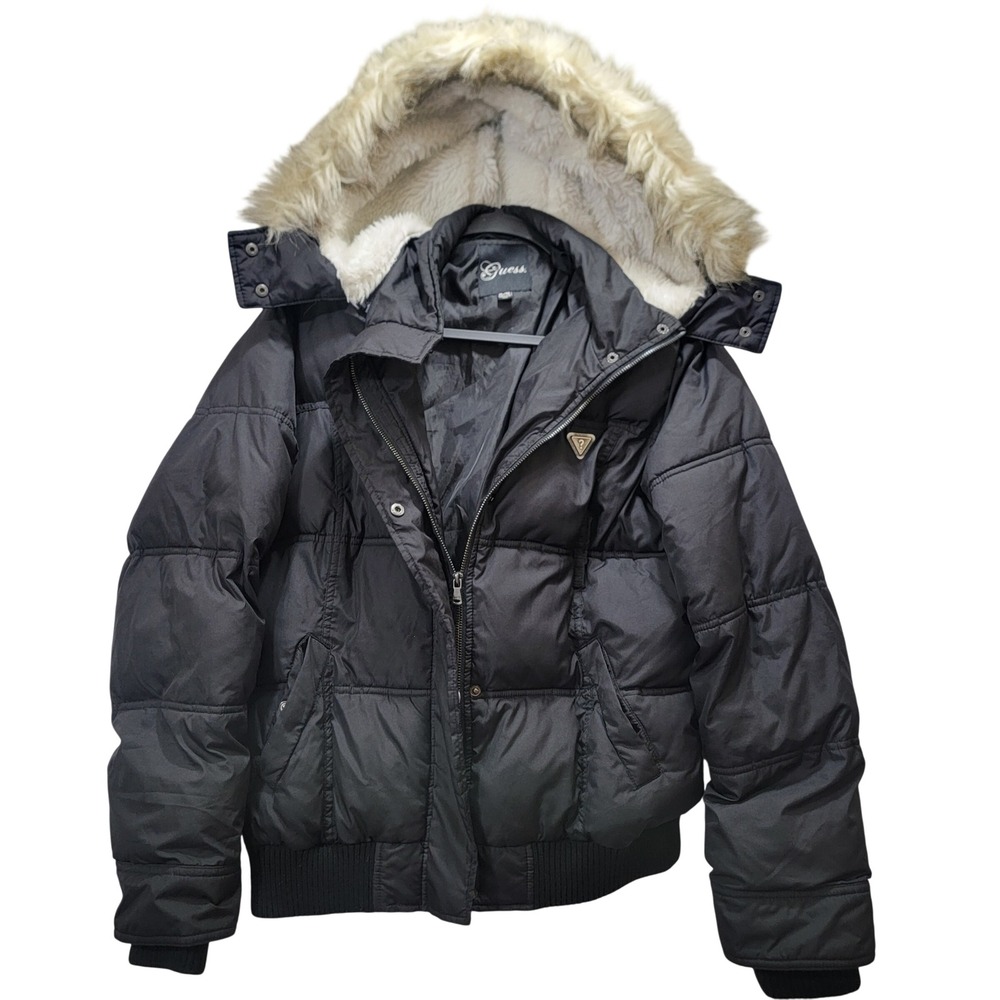 Y2K Guess Black Puffer Jacket Faux‎ Fur Hood Quilted Bomber Coat XL 004L0900000
